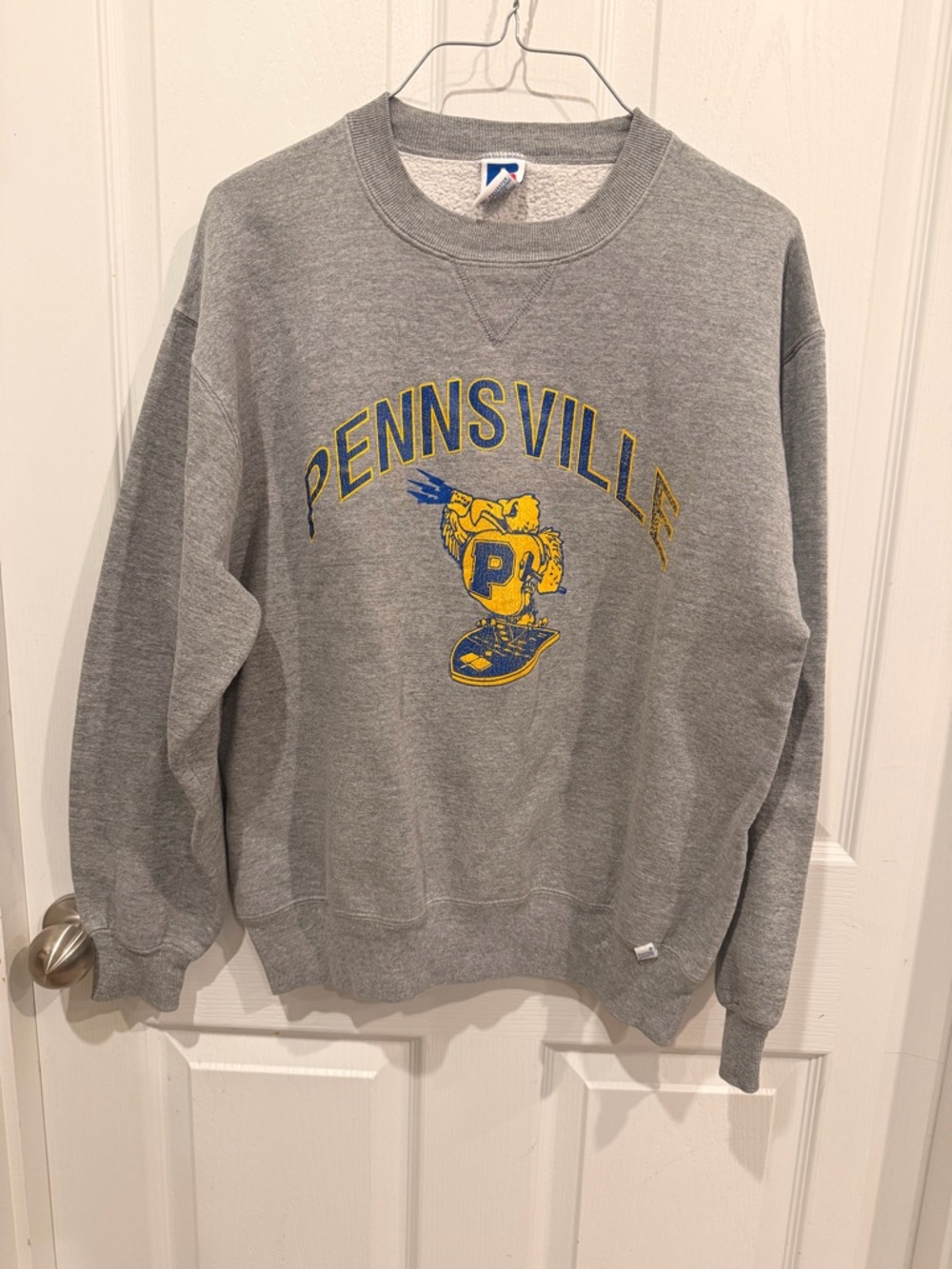 Russell Athletic Gray Crewneck with Yellow & Blue Pennsville Graphic